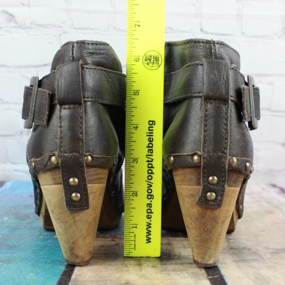 Sanita Brown Leather Buckle Accent Wooden Studded Cone Heeled Booties Size US 8 - Picture 7 of 9